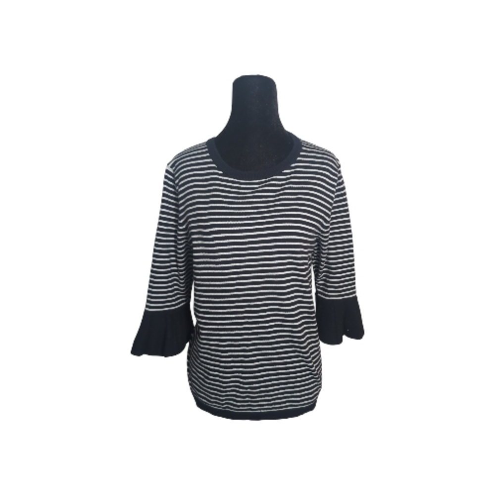 Lalu Luxe XL Blue White Striped Sweater 3/4 Smocked Bell Sleeves Nautical Boho